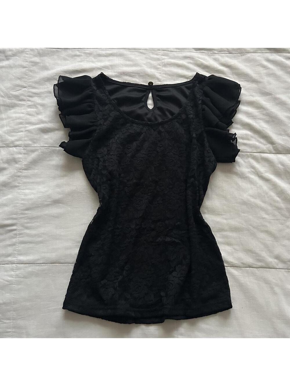 MA*RS Black Floral Lace Top Layered Chiffon Ruffle Sleeve Keyhole S Japan